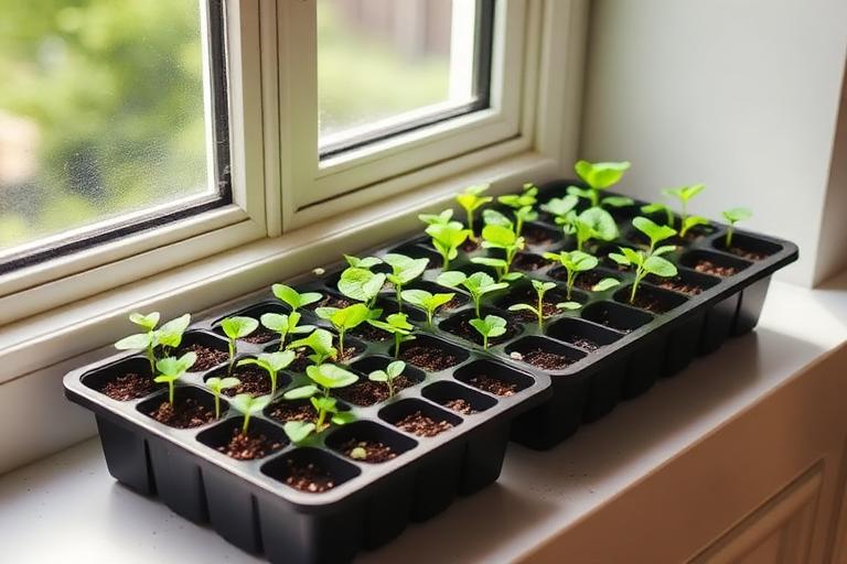 Trays of young seedlings on a windowsill