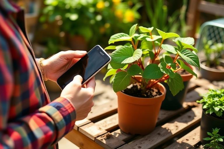 Gardener holding a phone beside a potted plant