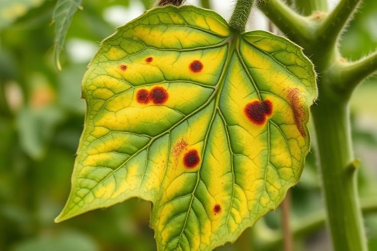 Leaf with yellowing and brown disease spots