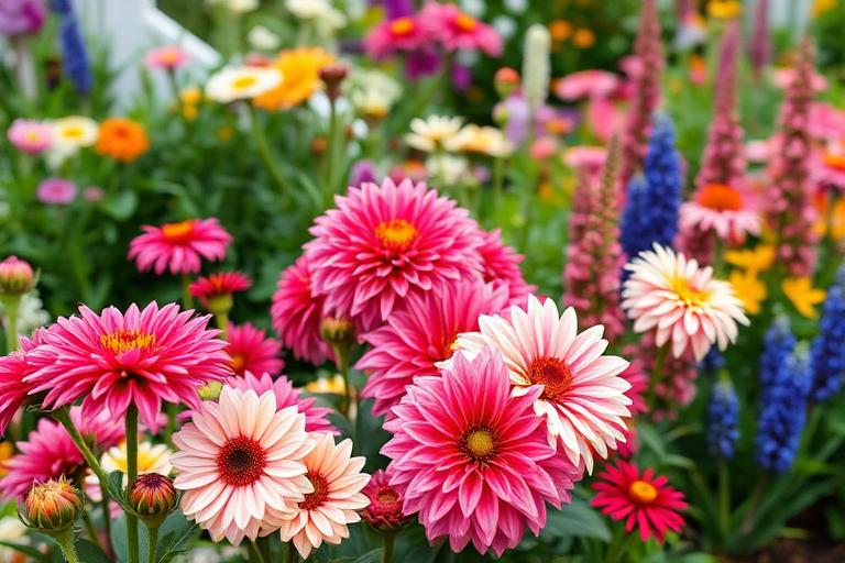 Cottage garden flower border in full bloom