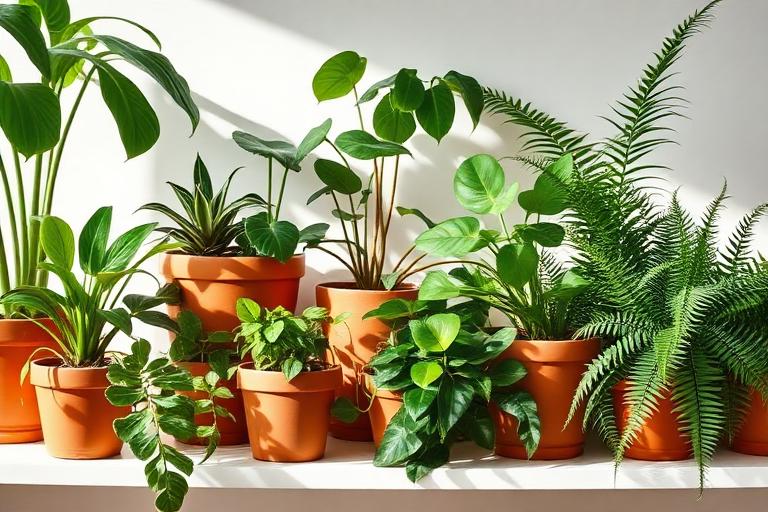 Houseplants in terracotta pots on a bright shelf