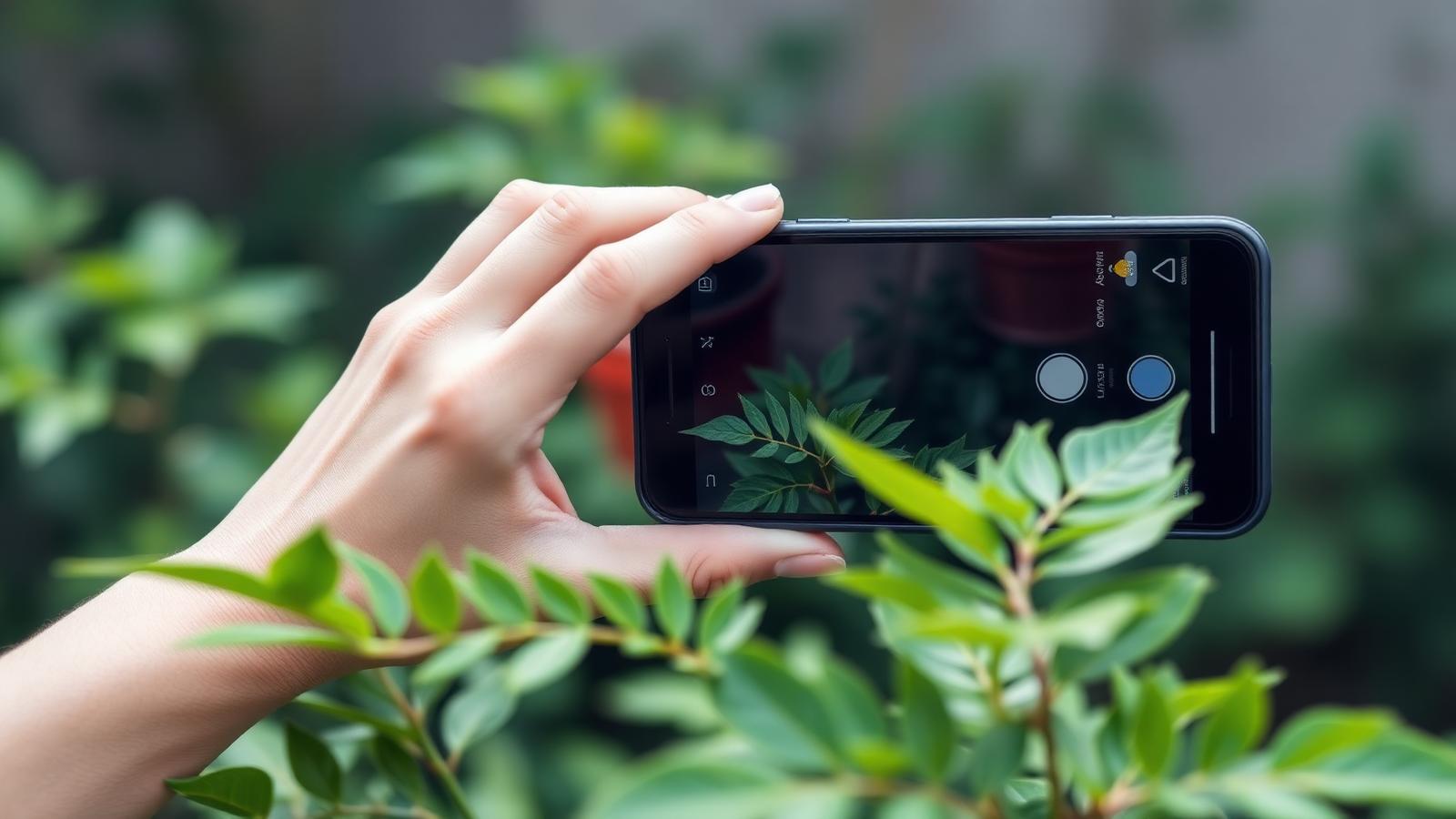 Gardener photographing a leafy plant with a smartphone