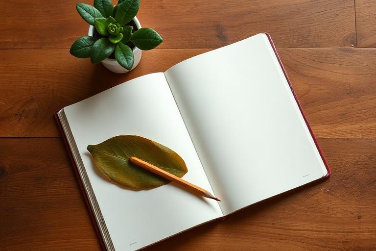 Open notebook with a pressed leaf and houseplant