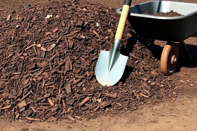 Pile of bark mulch with a spade and wheelbarrow