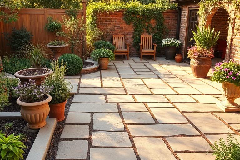 Stone paving patio with planted borders