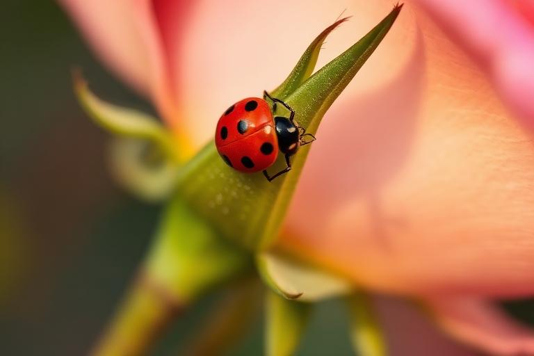 Ladybird on a rose stem beside aphids