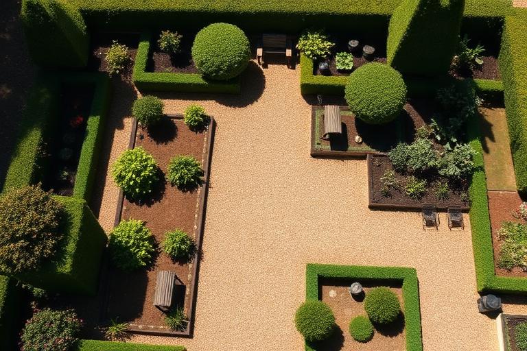 Aerial view of a formal cottage garden layout