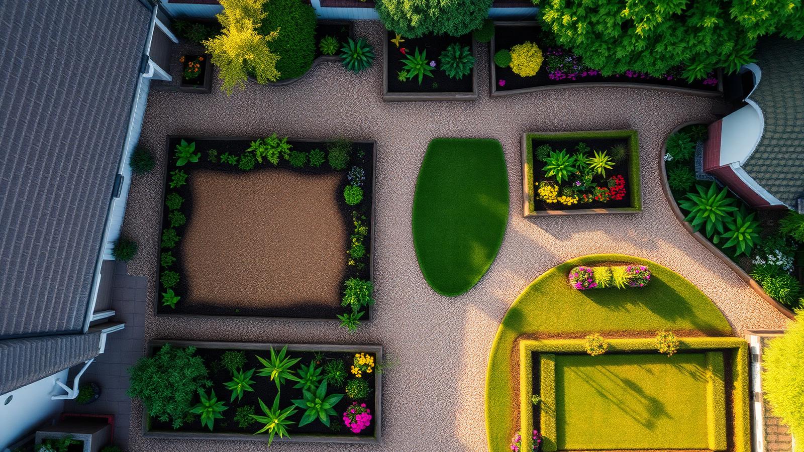 Aerial view of a designed cottage garden with beds and gravel paths