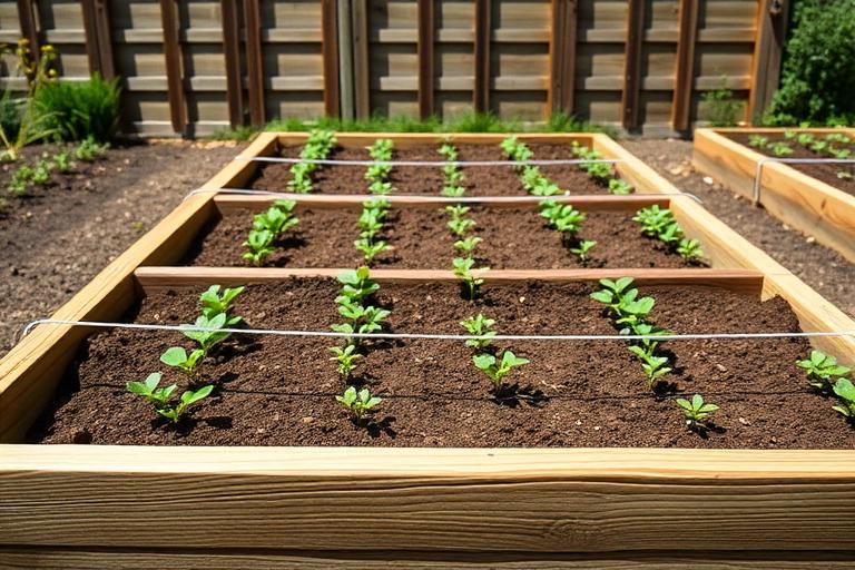 Raised vegetable bed with neat rows of seedlings