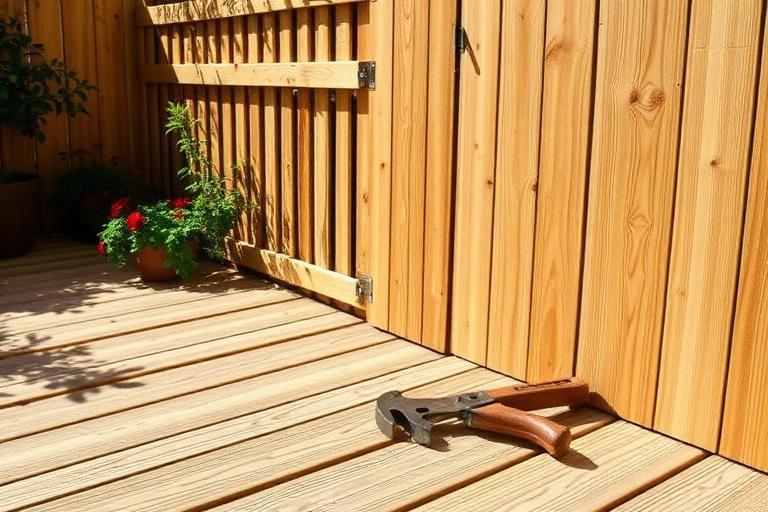 Timber decking boards and a new fence panel