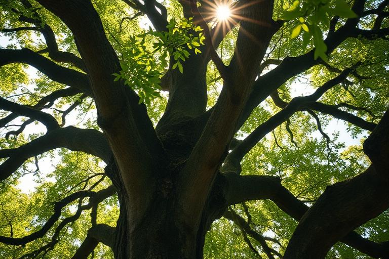 Mature oak canopy in dappled sunlight