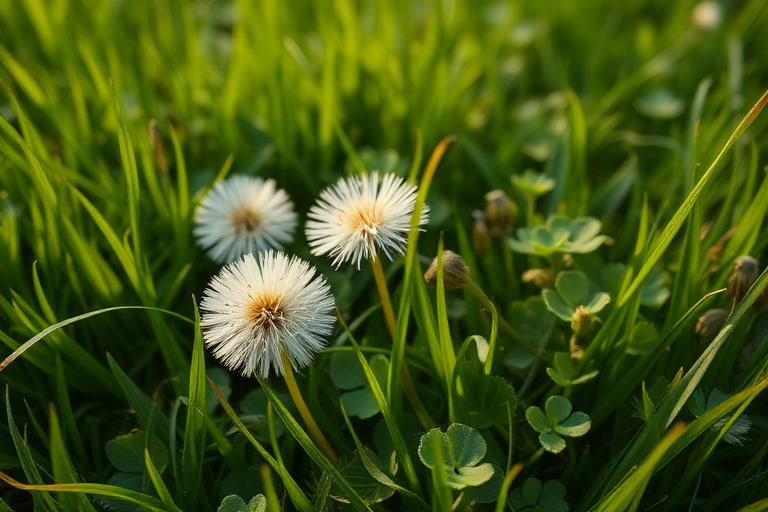 Dandelions and clover growing in a lawn